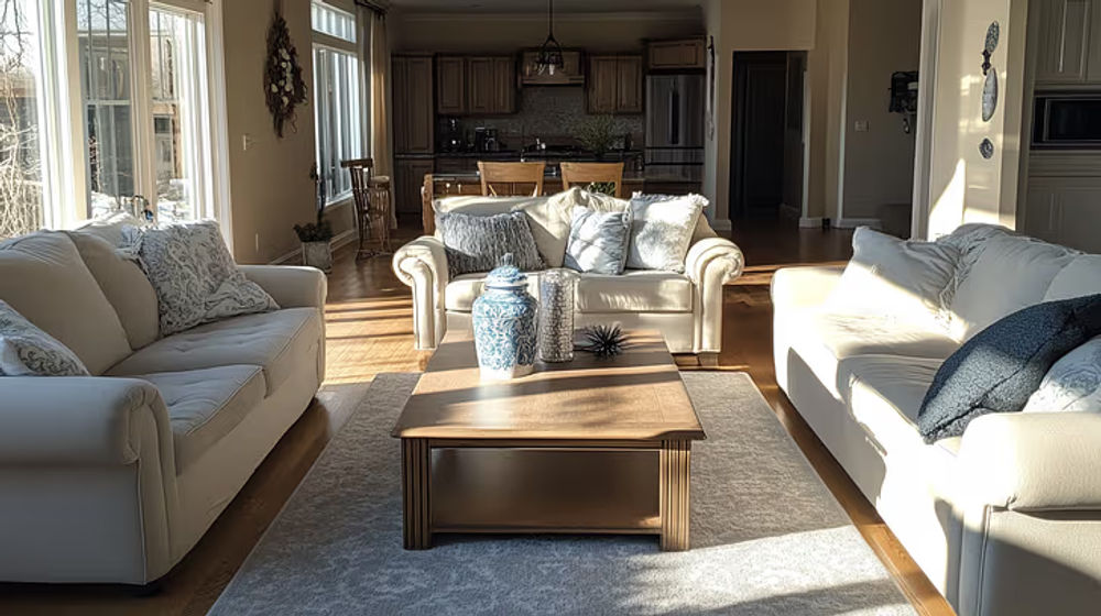 Cleaner dusting shelves in a bright Pittsburgh living room
