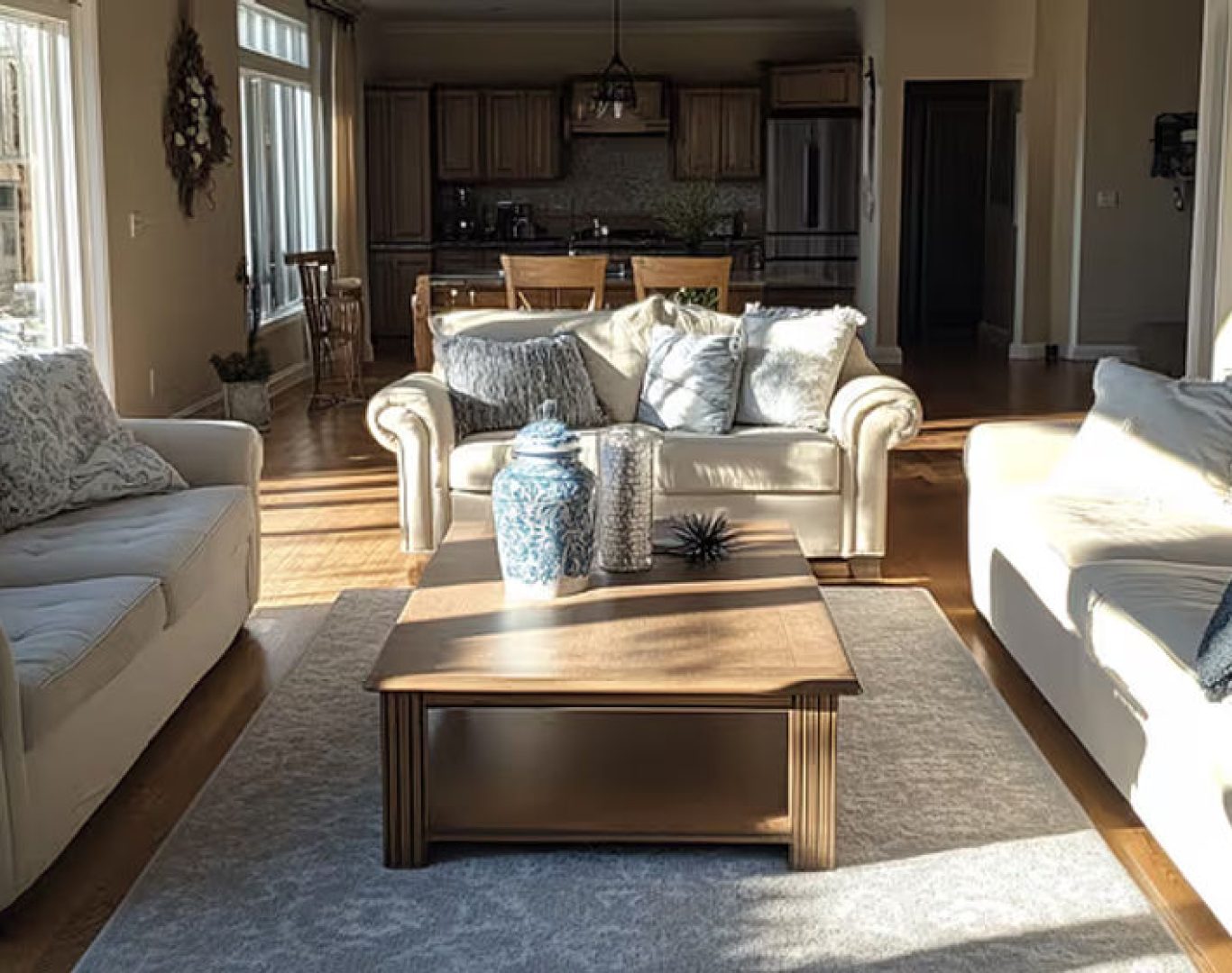 Cleaner dusting shelves in a bright Pittsburgh living room